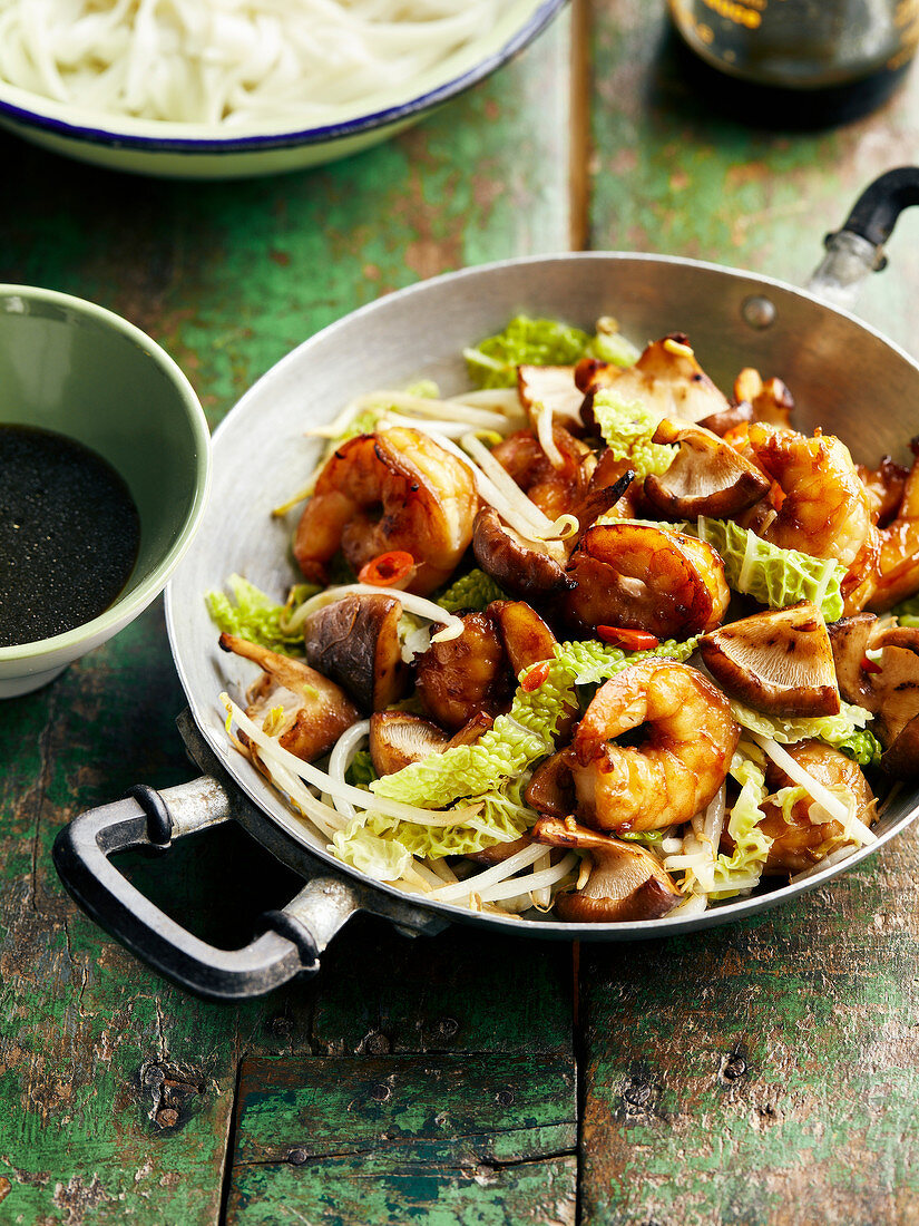 Gambas,cabbage,artichoke base and beansprout stir-fry