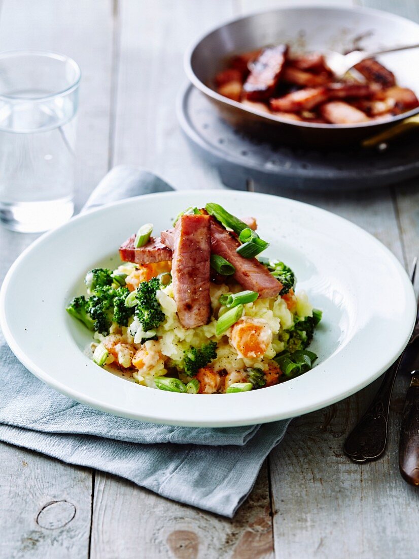 Mashed potatoes,broccoli,carrot and grilled pork