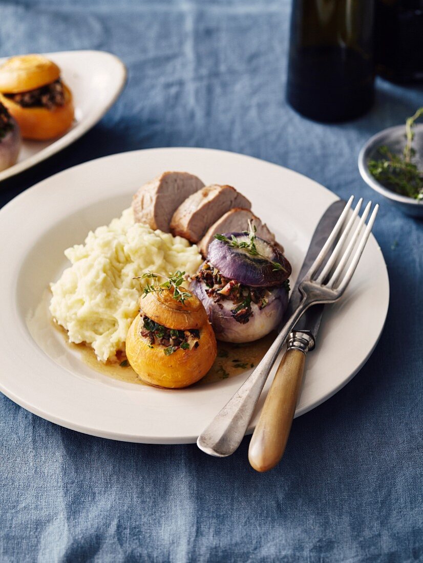 Yellow and purple turnips stuffed with ground meat,homemade mashed potatotes and veal filet mignon
