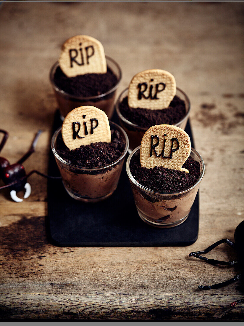 Chocolate mousse with 'grave stone' for Halloween