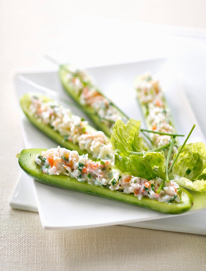 Cucumber stuffed with crab and cottage cheese