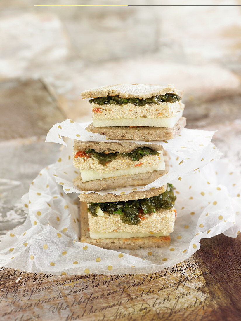 Ohsawa bread canapés with tofu, shiitakes and seaweed pesto