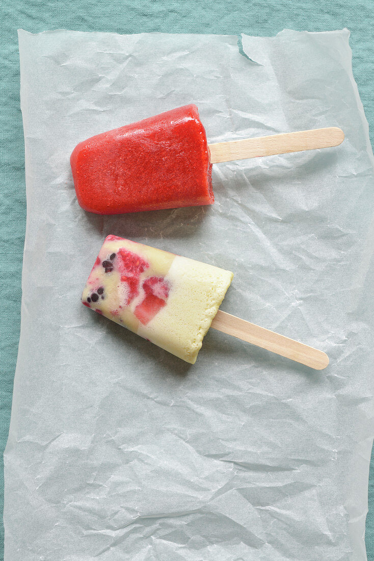 Vanilla-summer fruit ice pop and a strawberry ice pop