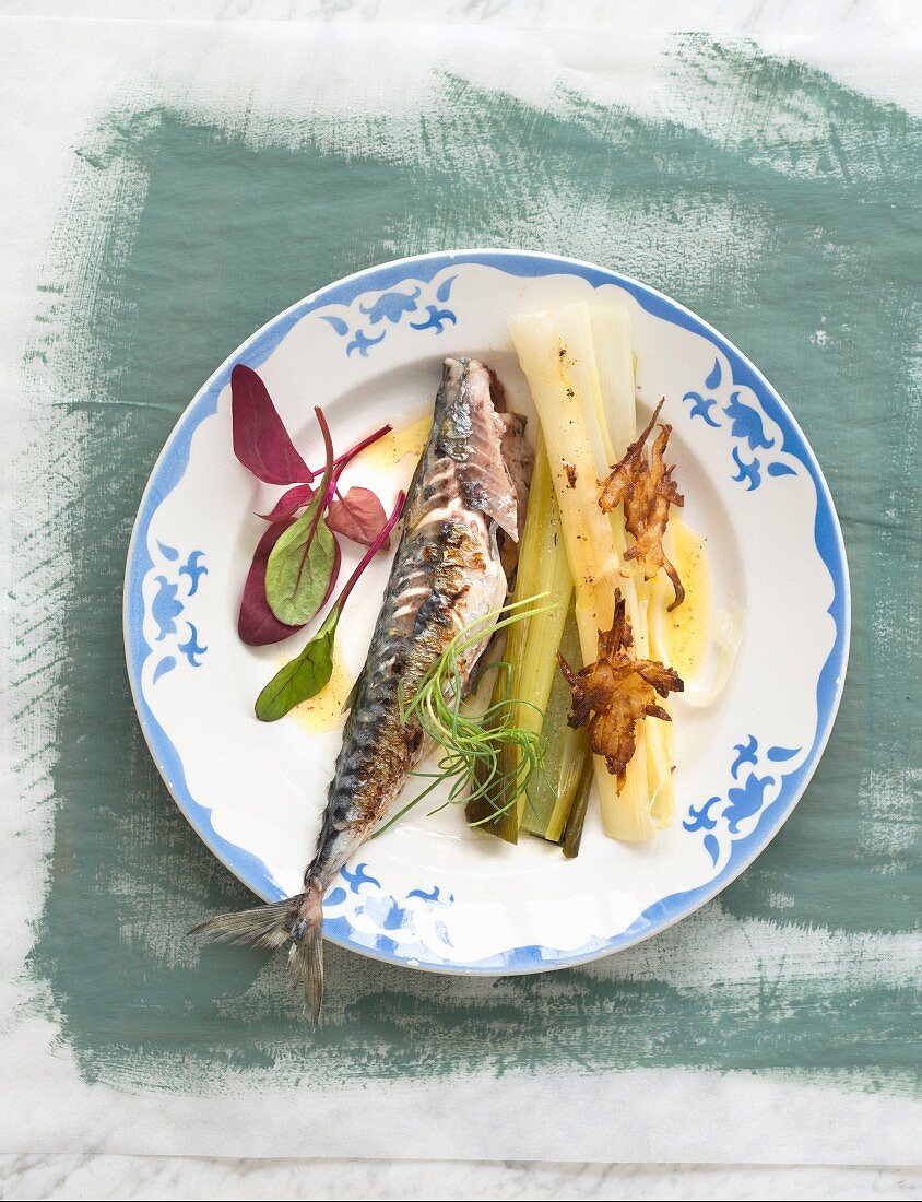 Grilled mackerel,steamed leeks with spicy butter and fried onions