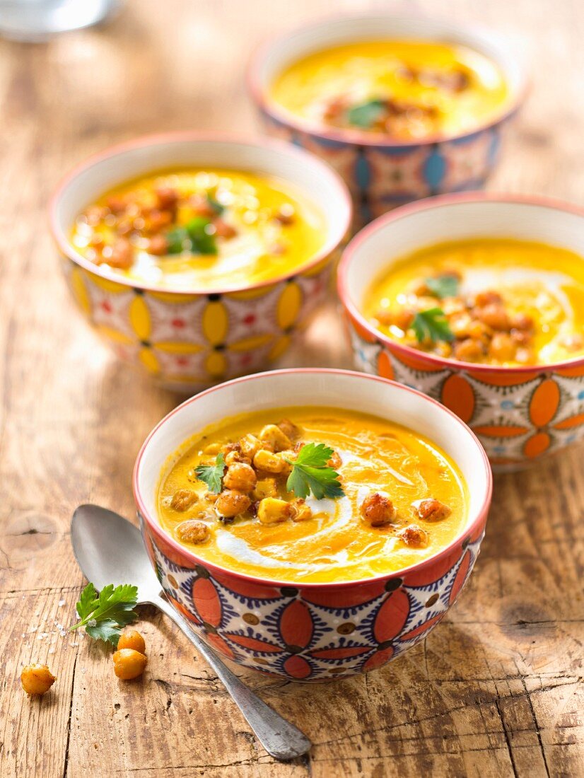 Spicy cream of carrot, ginger sweet corn and chickpea soup