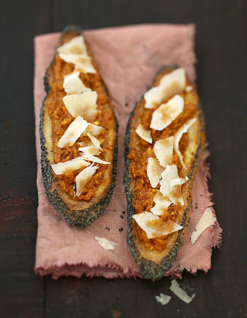 Tomato-almond caviar and pecorino bruschetta