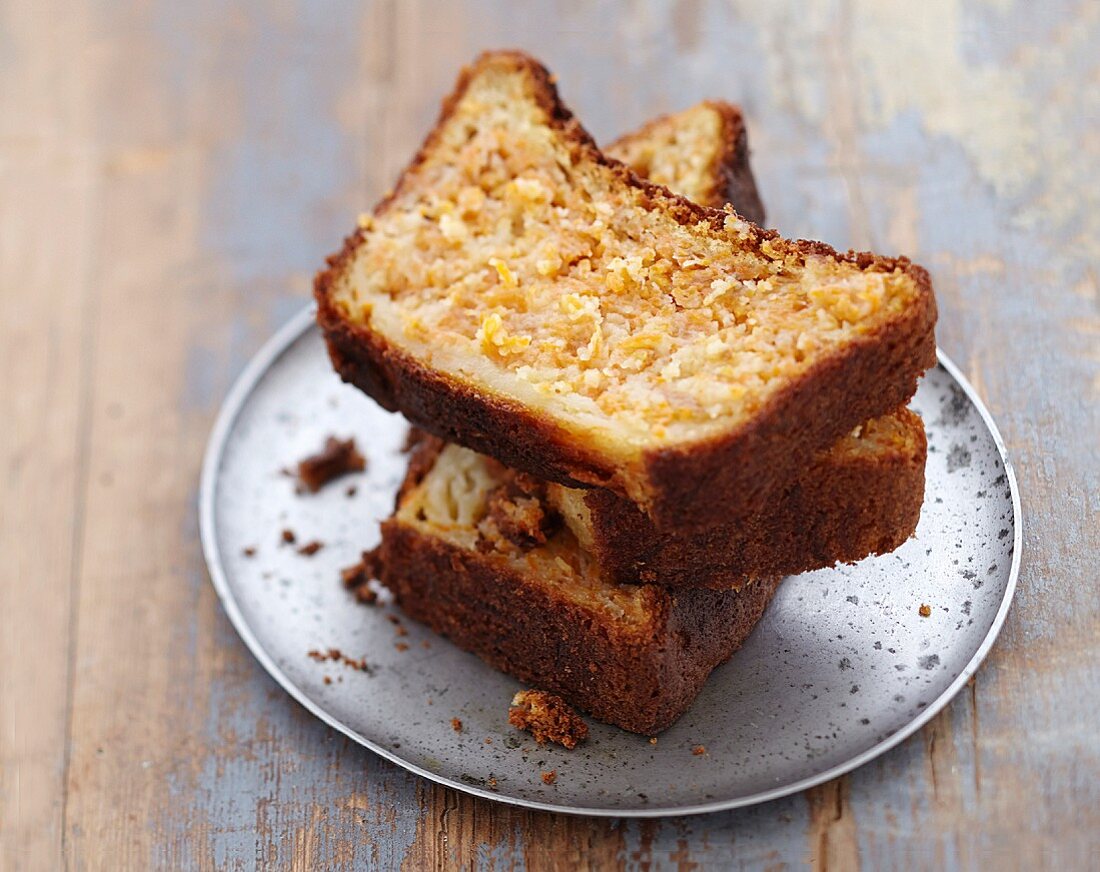 Slices of carrot cake with yoghurt