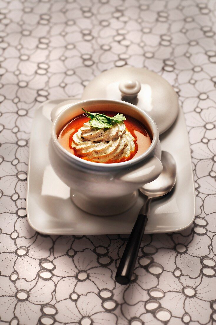 Sweet potato soup with coconut and curry foam