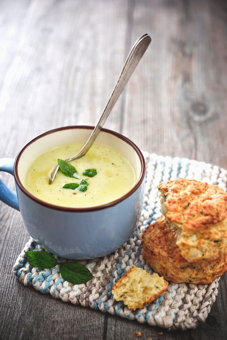Courgette soup with mint and chive scones