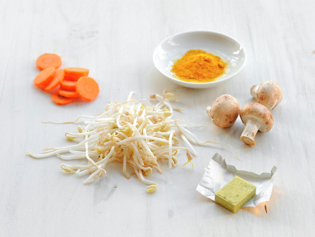 Ingredients for bean sprouts with vegetables and turmeric