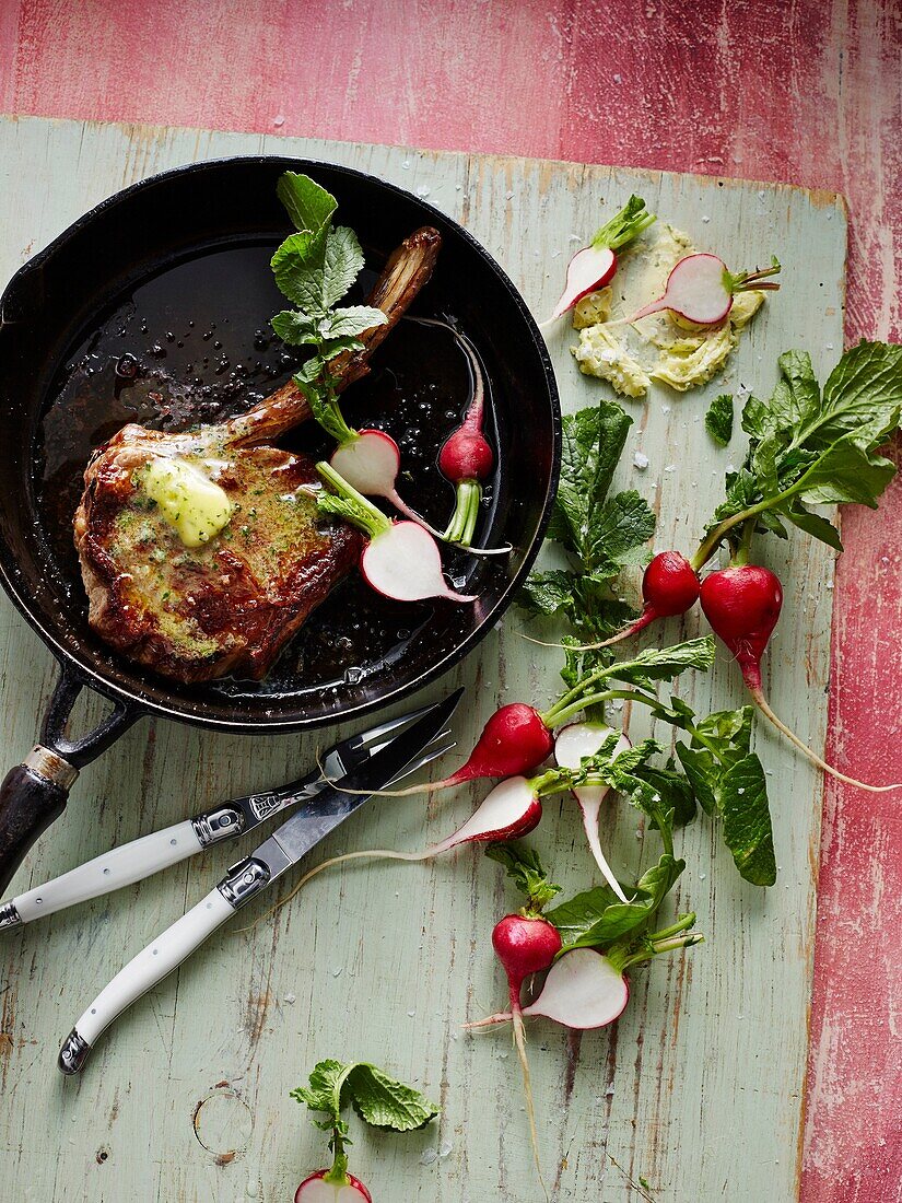 Lamb chops with herb butter and radish