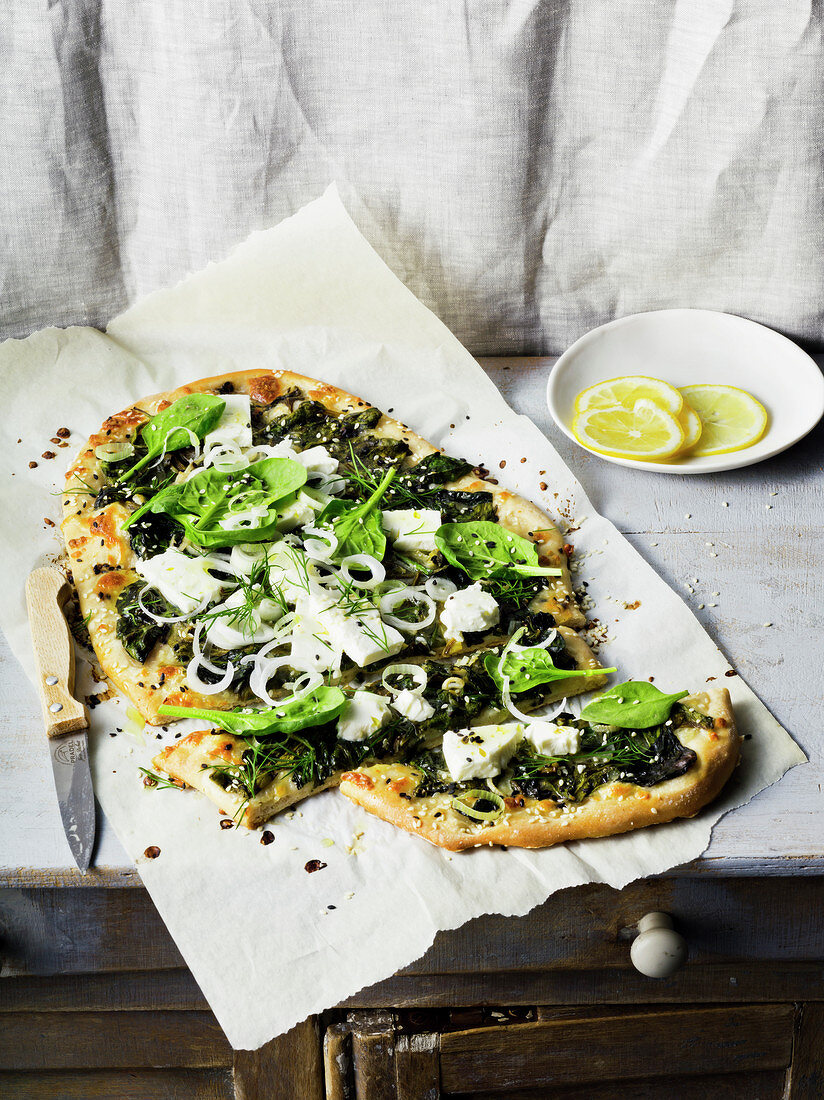 Spinach-feta pizza