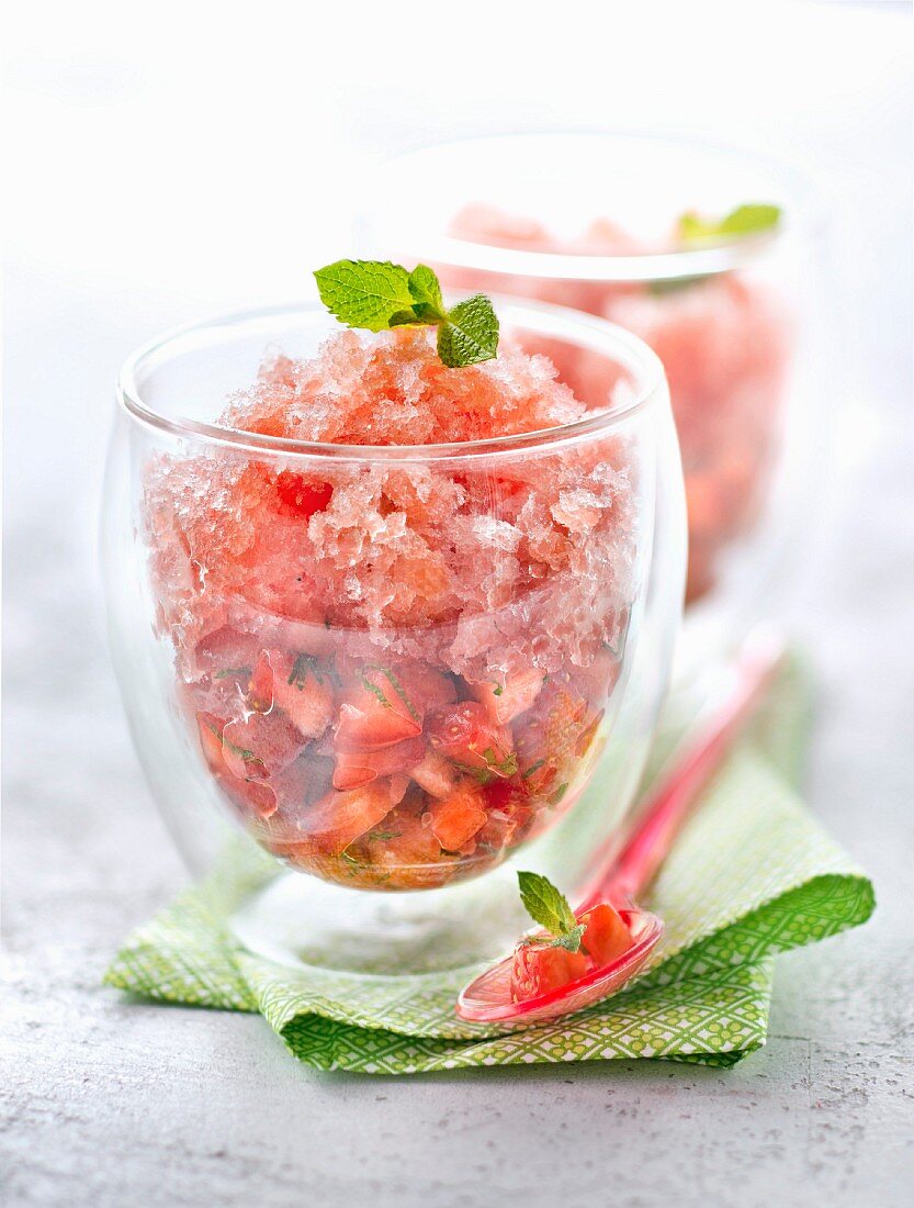 Strawberry and mint tartare with watermelon granita