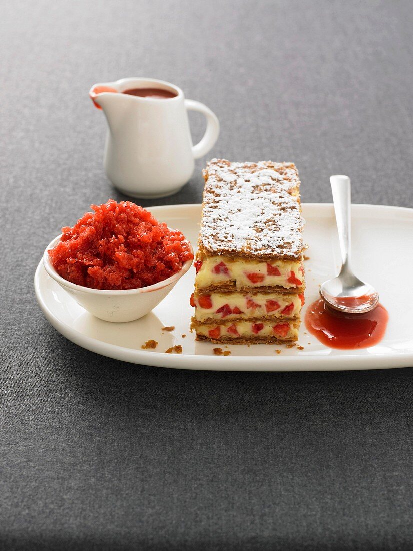 Strawberry coulis, granita and Mille-feuille