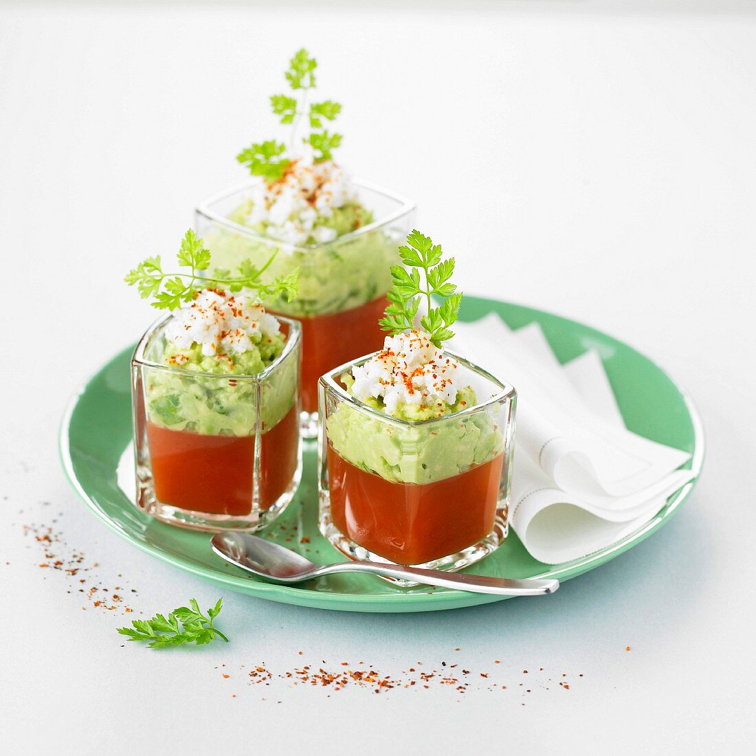 Tomato gazpacho, cucumber puree with cream, fromage frais crumb and paprika Verrines