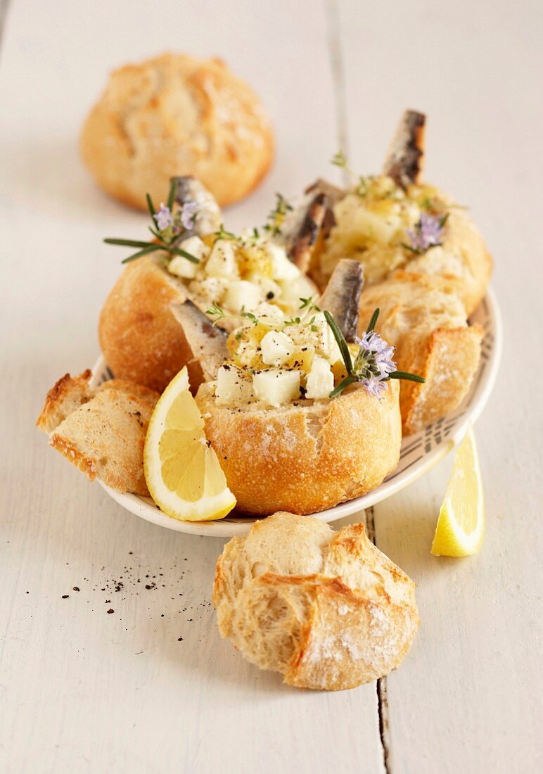 Sardine, rosemary, confit citrus and honeydew melon Chouquette-style mini buns