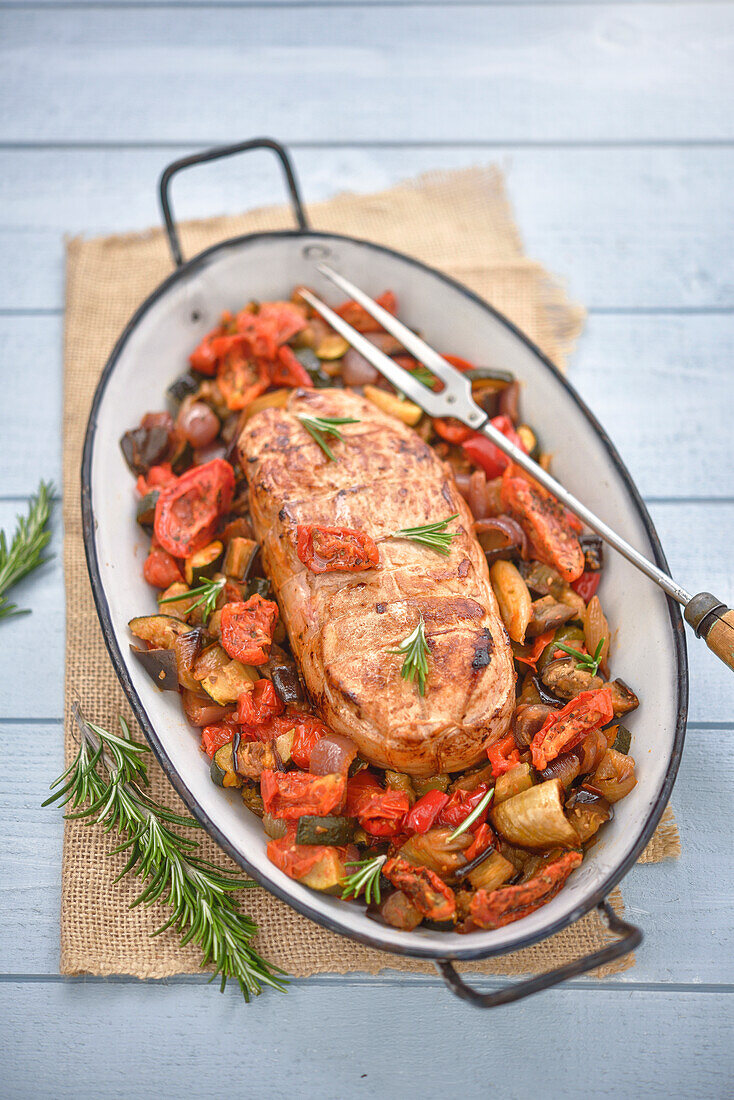 Roasted veal and vegetables with rosemary