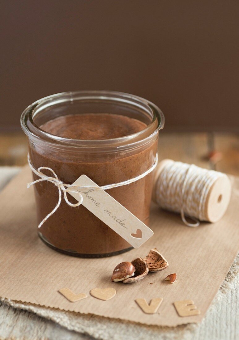 Jar of homemade chocolate-hazelnut spread