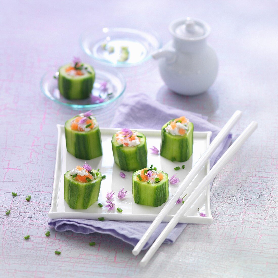 Cucumber sections stuffed with smoked salmon and cream cheese