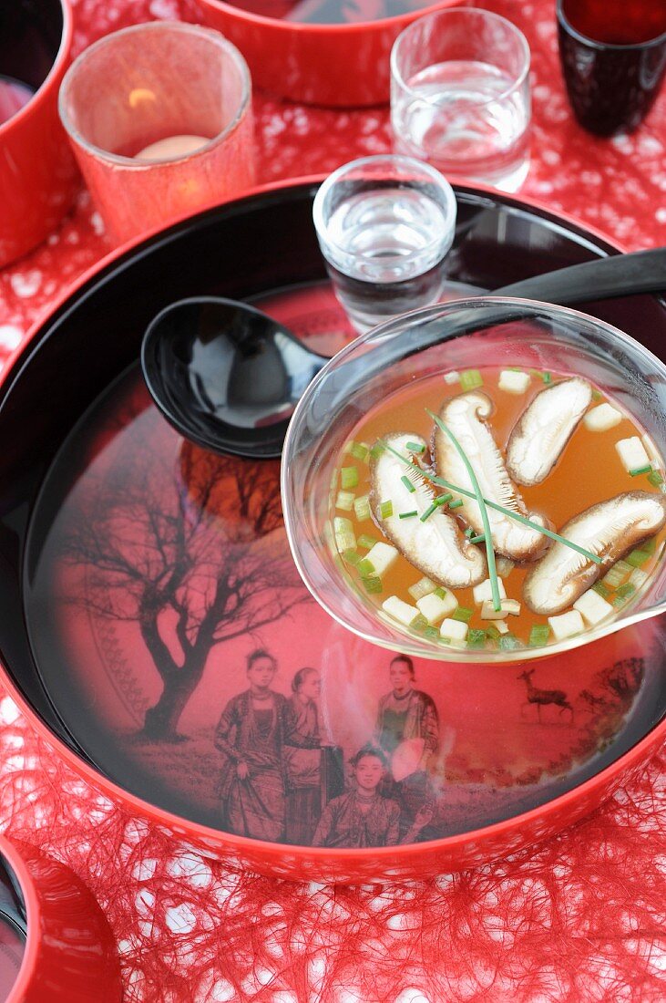 Miso soup with mushrooms and shiitakes
