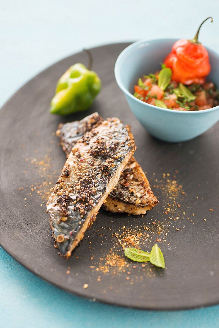 Mackerel fillets with crisp spicy skin, crushed tomatoes, chili pepper and mint