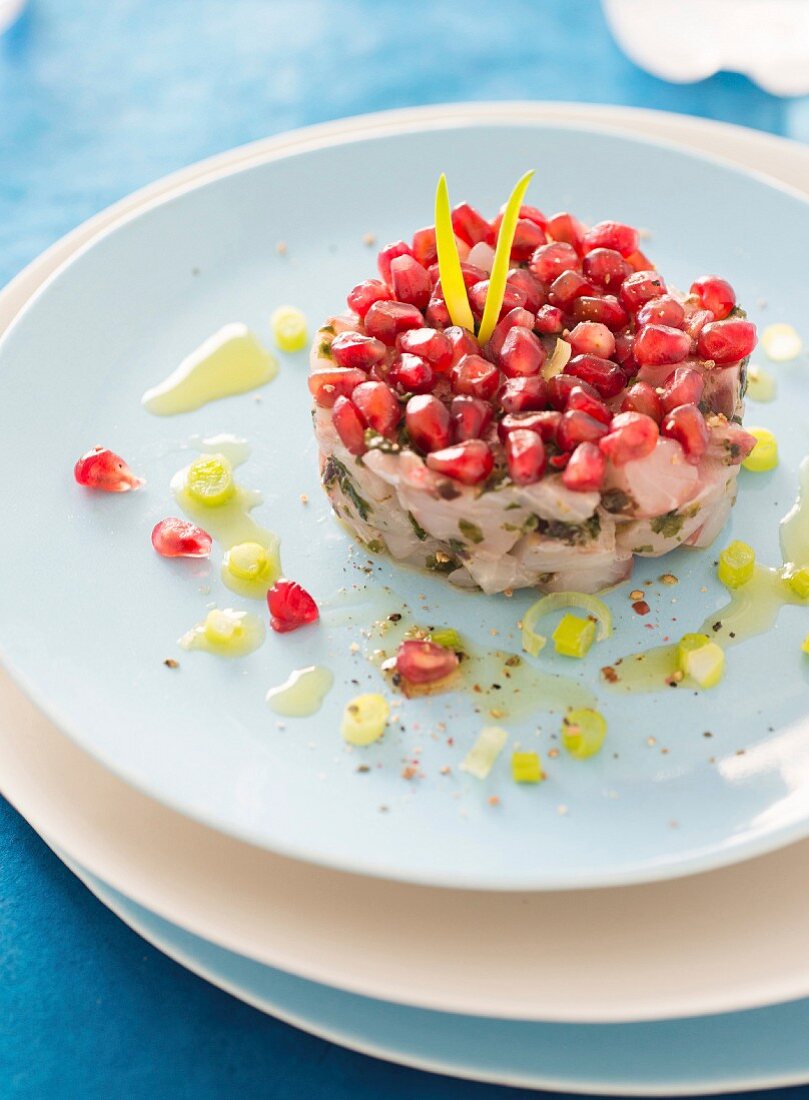 Bass and seaweed tartare with pomegranate seeds