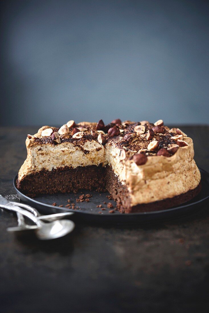 Chocolate and hazelnut meringue cake