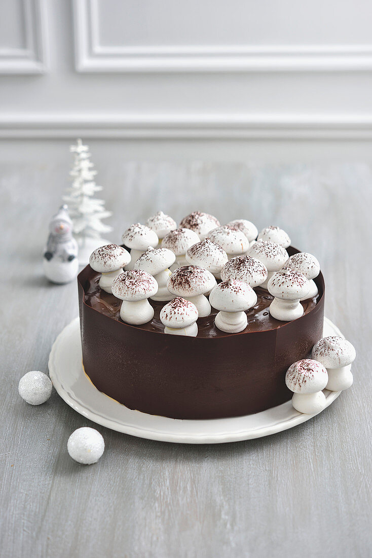 Chocolate and meringue mushroom Christmas cake
