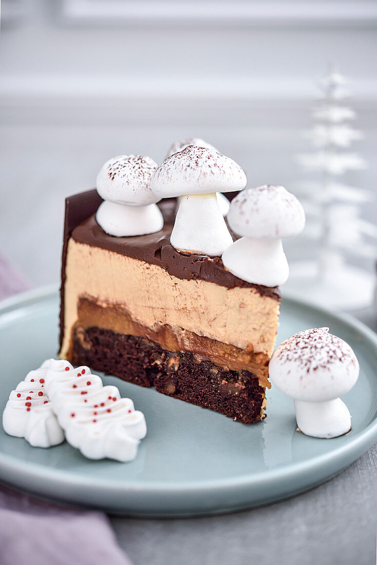 Slice of chocolate and meringue mushroom Christmas cake