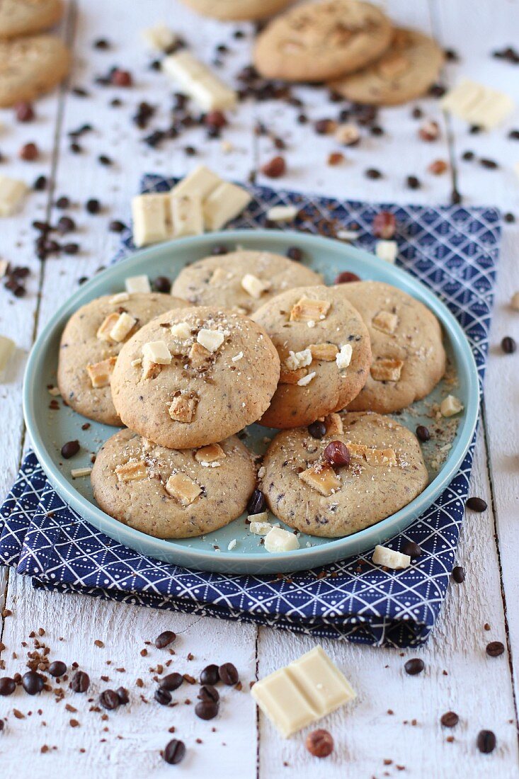 Coffee, hazelnut and white chocolate cookies