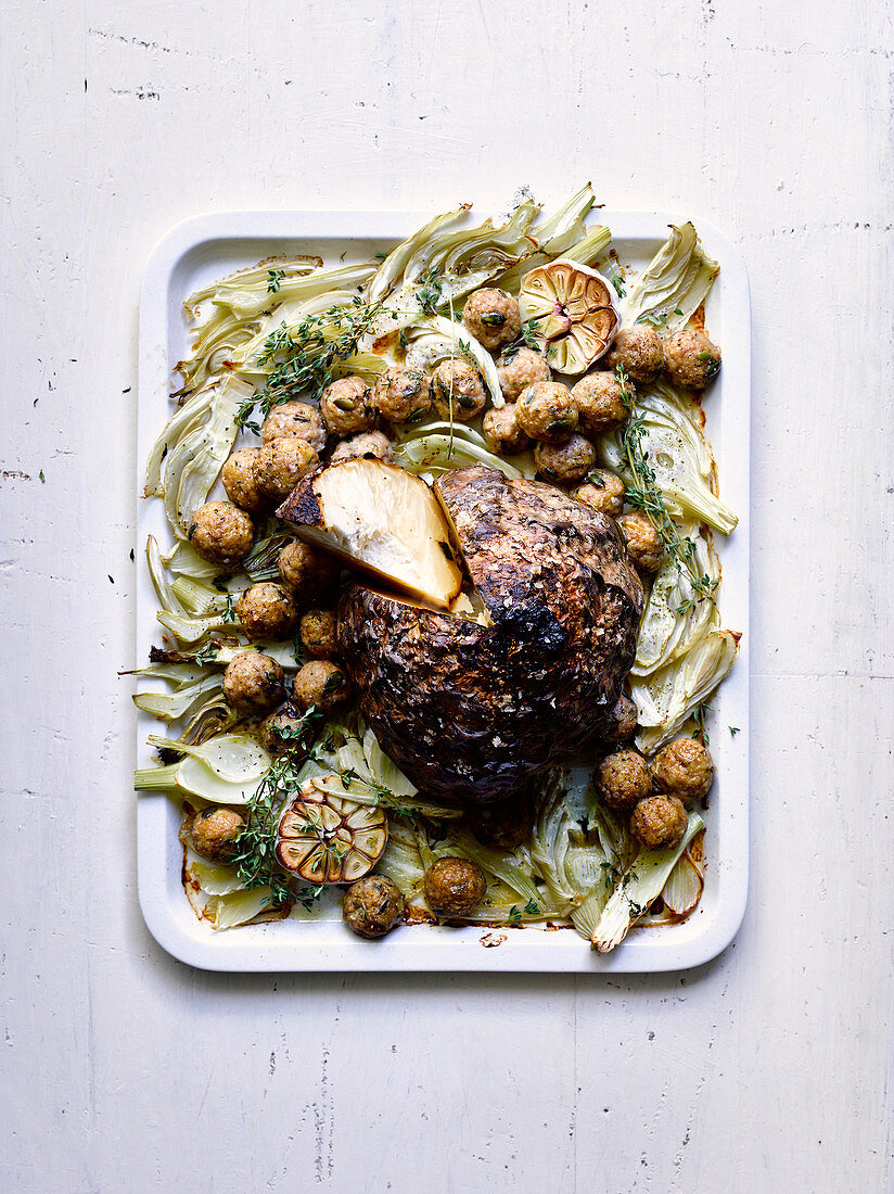 Roasted celeriac with baked chicken meatballs