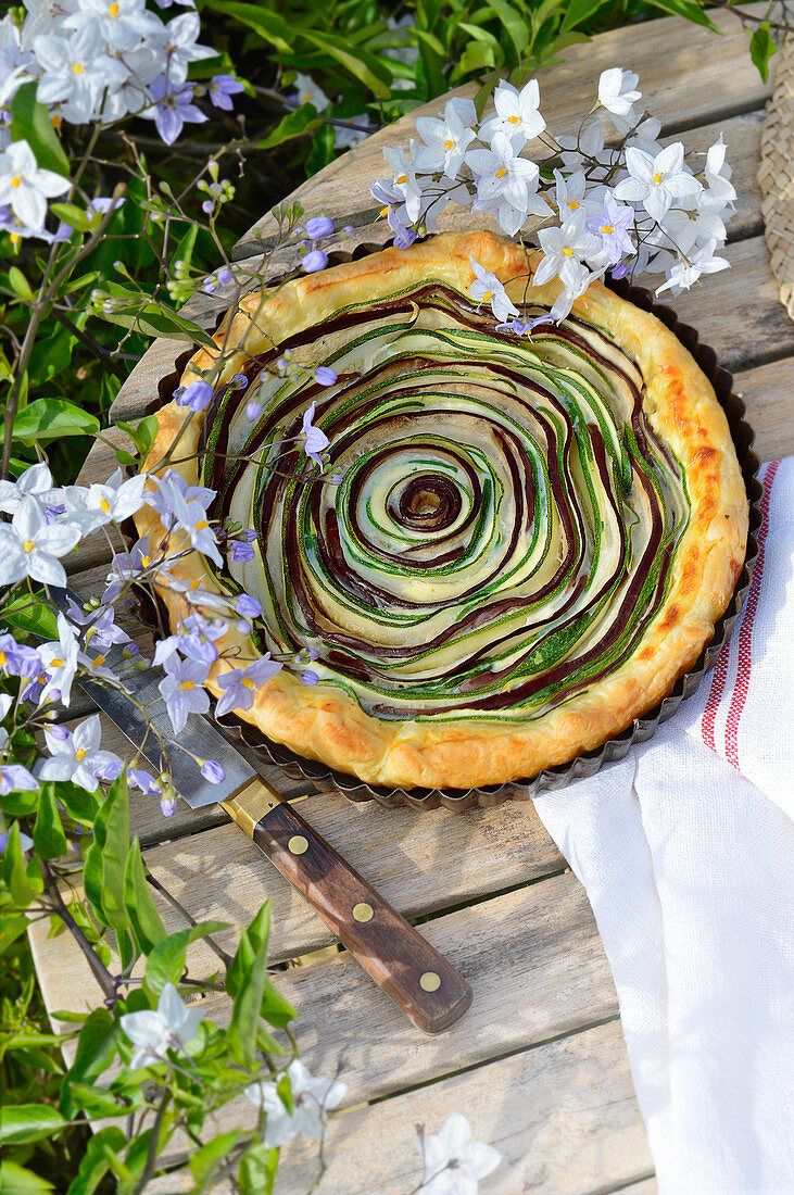 Outdoor courgette, aubergine and ricotta tart