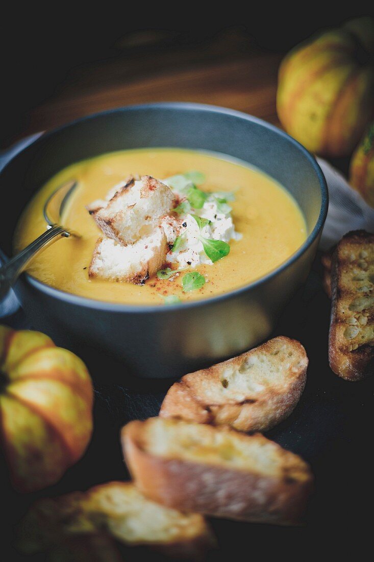 Bowl Of Squash Soup With Faisselle,Croutons And Spices