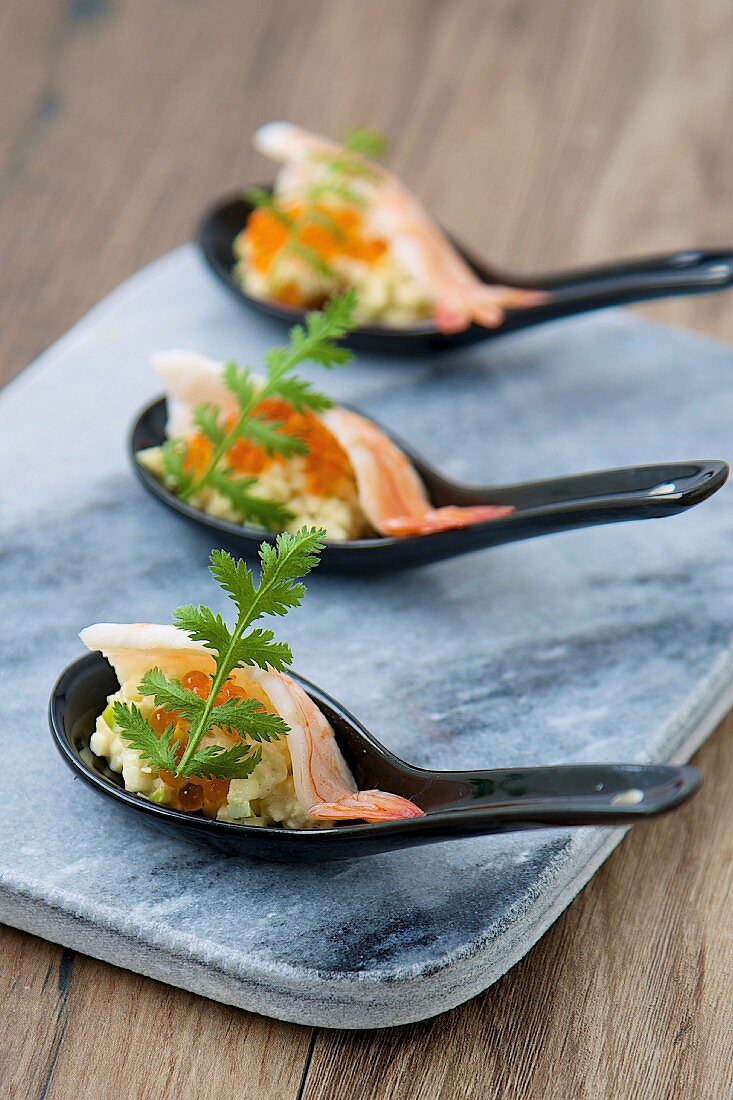 Gambas With Celeriac Remoulade And Salmon Roe Appetizers