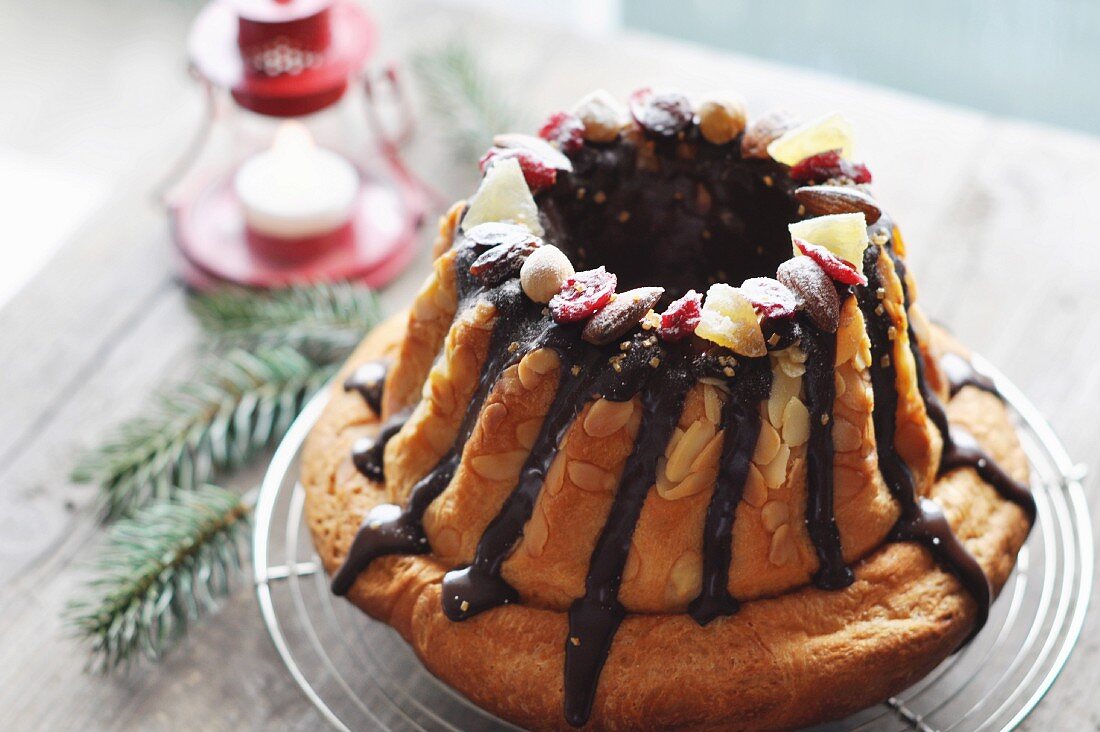 Christmas Kouglof With Melted Dark Chocolate,Dried And Candied Fruit
