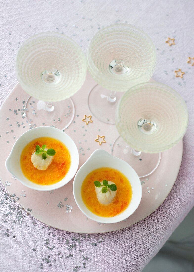 Scallops Poached In Carrot Broth