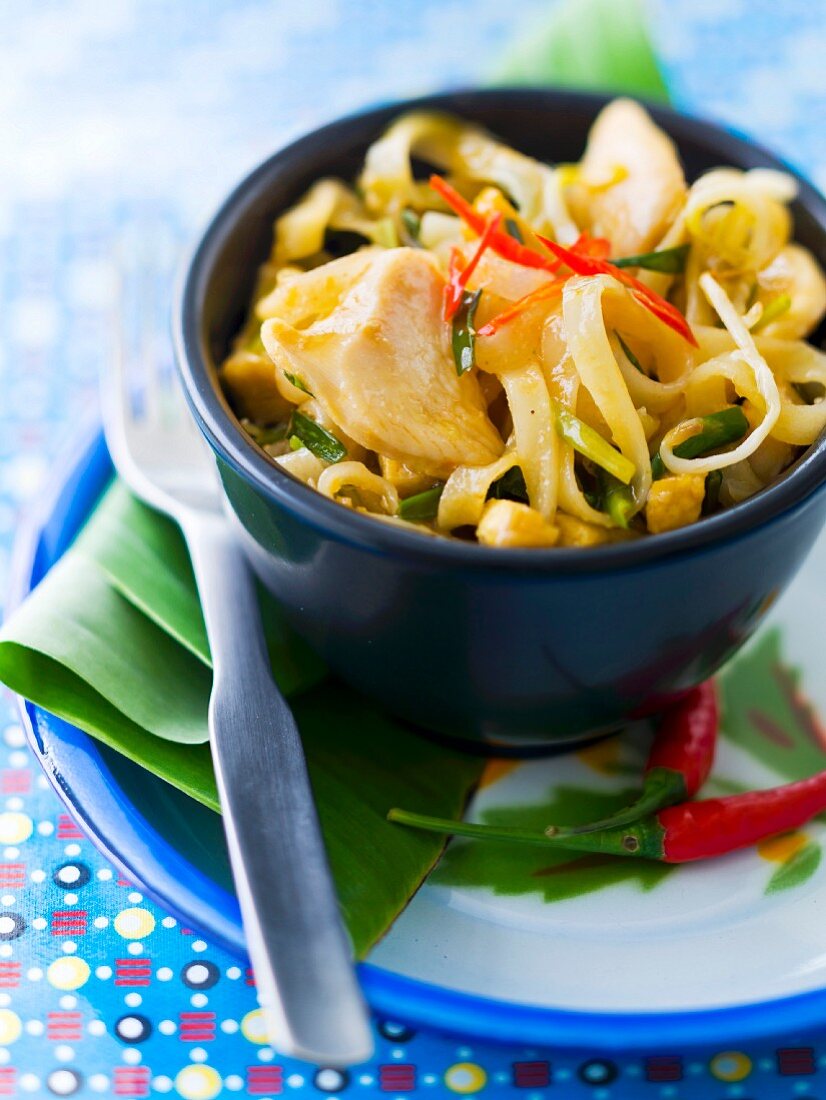 Noodles sauté with chicken, onions and pepper