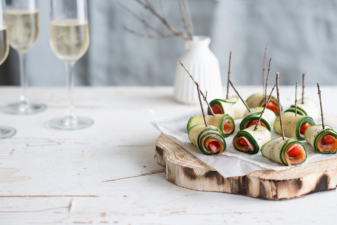 Courgette, smoked salmon and tomato rolls