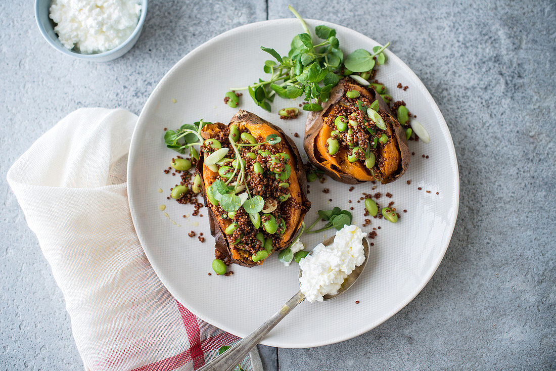 Süßkartoffel gefüllt mit Quinoa, Bohnen und Frischkäse.