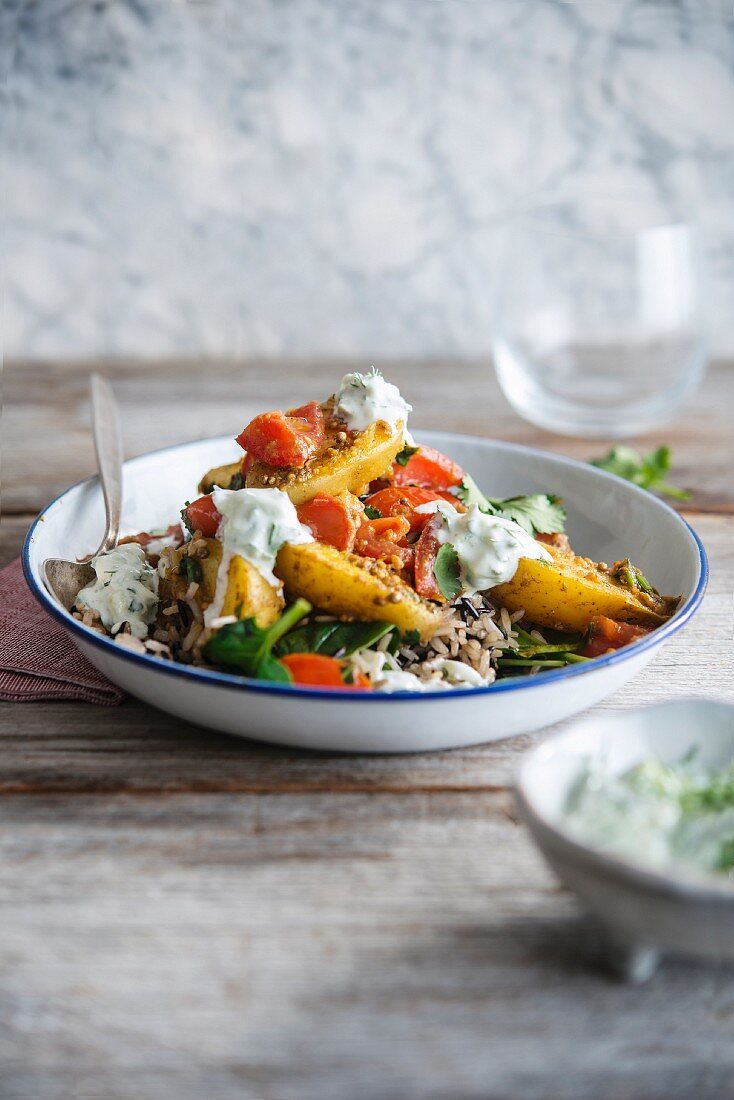 Aloo Bombay, potato and carrot curry with spinach and wild rice