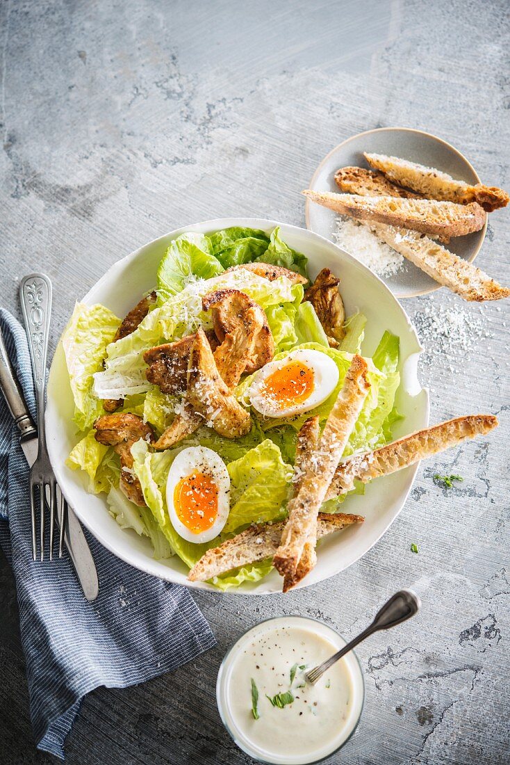 Caesar salad, bread fingers and fresh herb creamy sauce