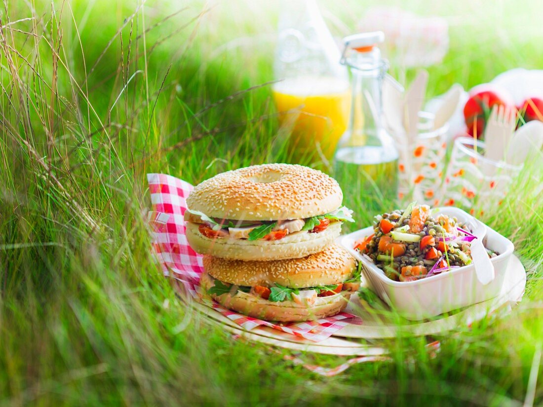 Smoked chicken bagel sandwichs and lentil salad for a picnic