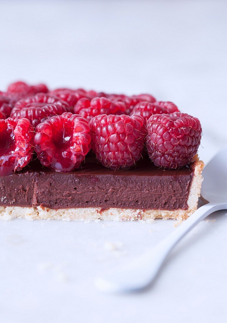 Close-up of a raspberry-chocolate pie