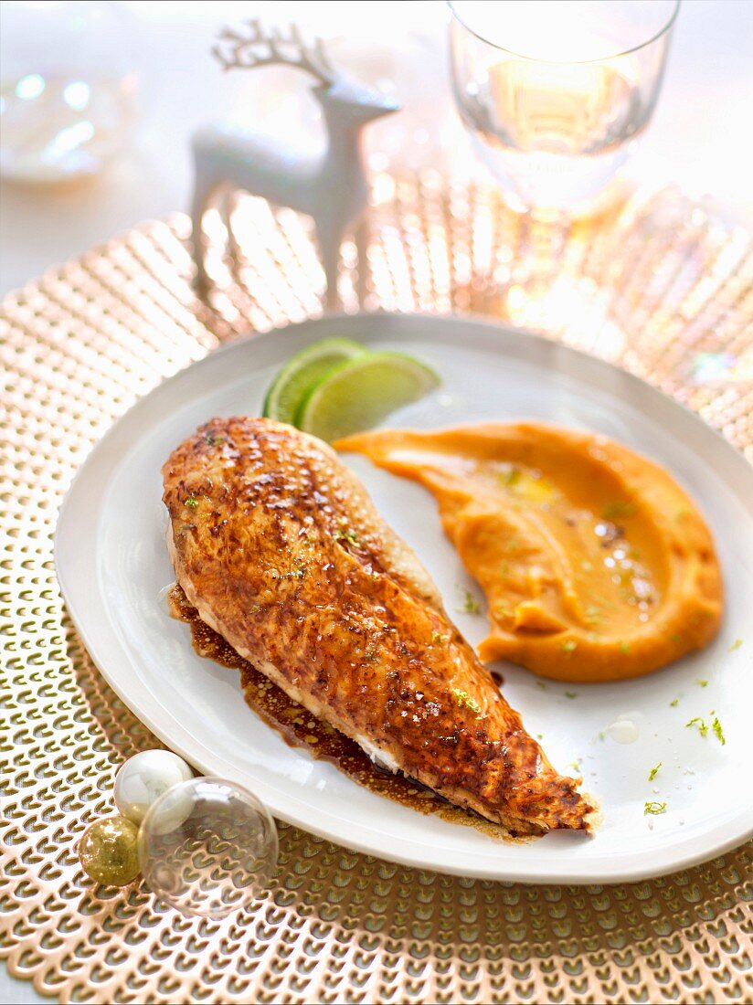 Chicken breast glazed with honey, ginger and lime, pureed sweet potatoes