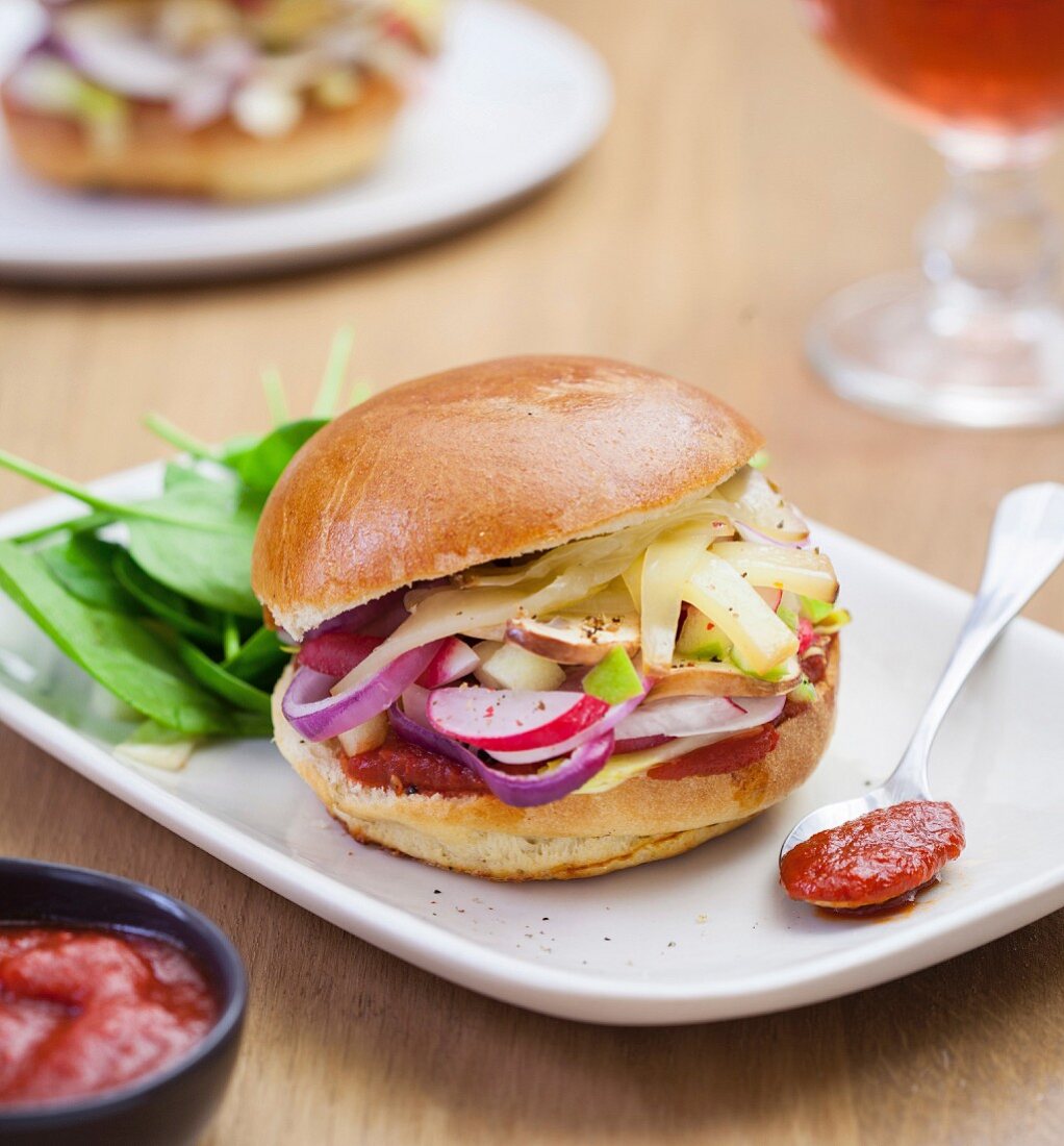 Vegetable and Comté vegetarian burger with ketchup sauce