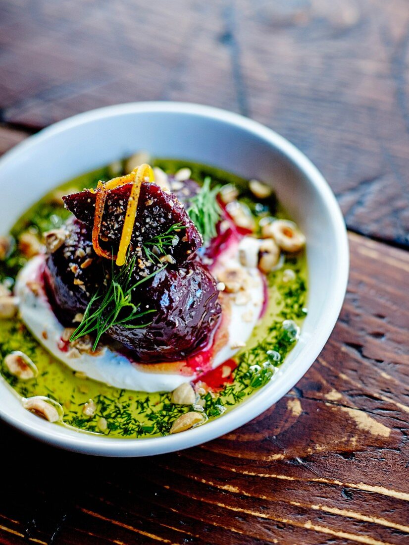 Beetroot, fromage frais mousse, olive oil with hazelnuts and dill