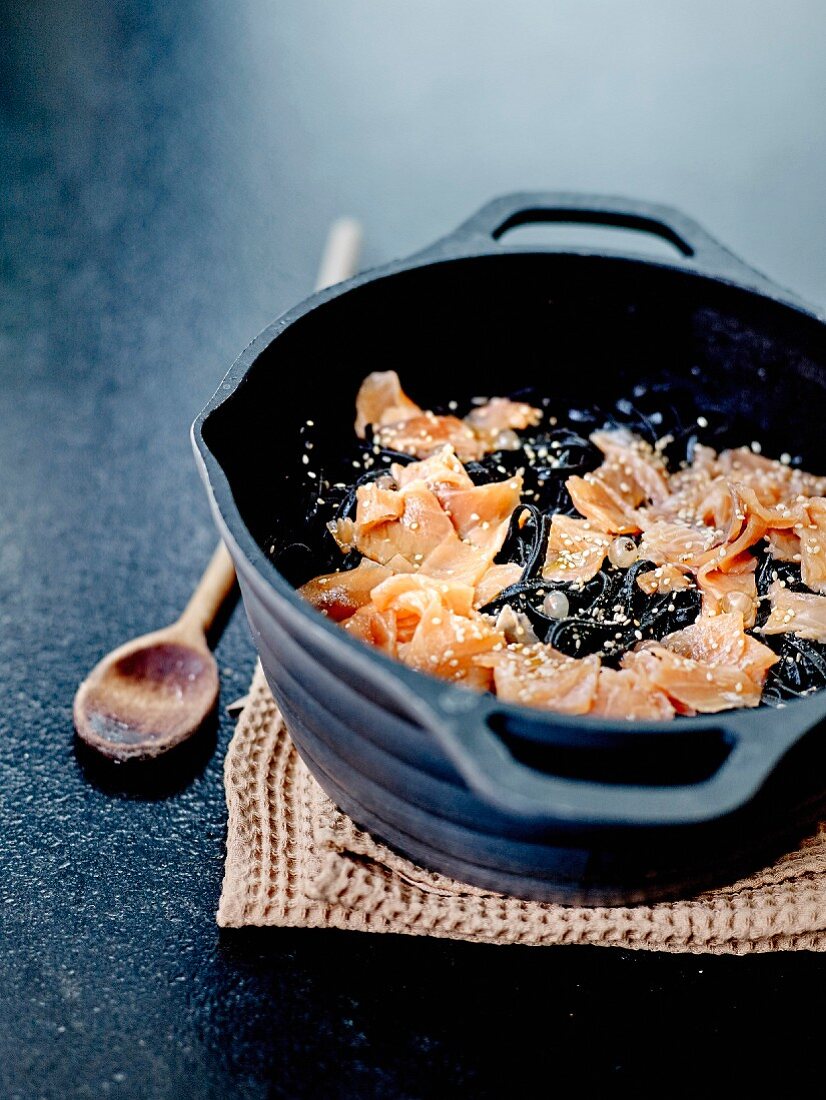 Squid ink linguini with salmon an white currants