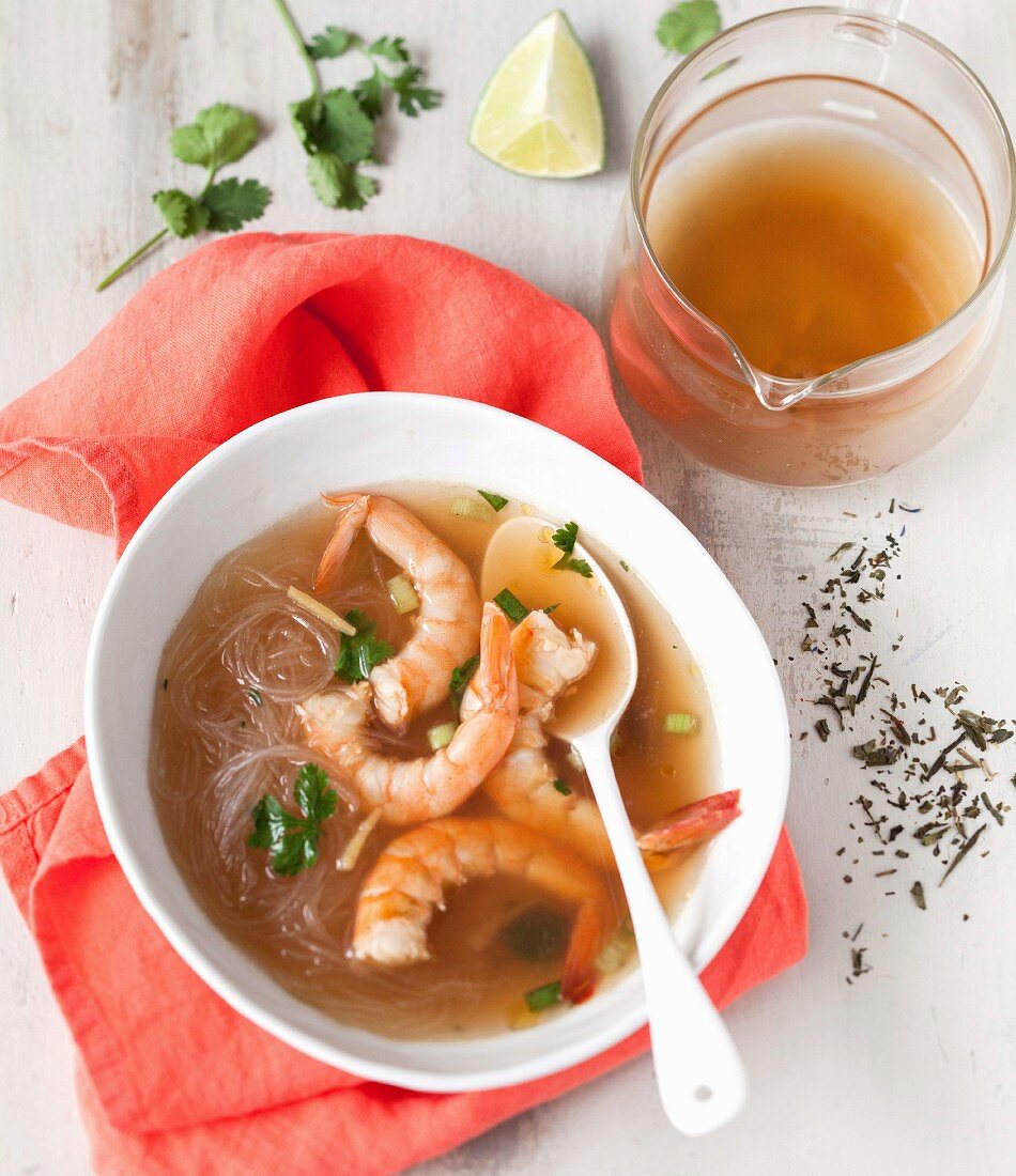 Shrimp, vermicellis, citronella and coriander broth