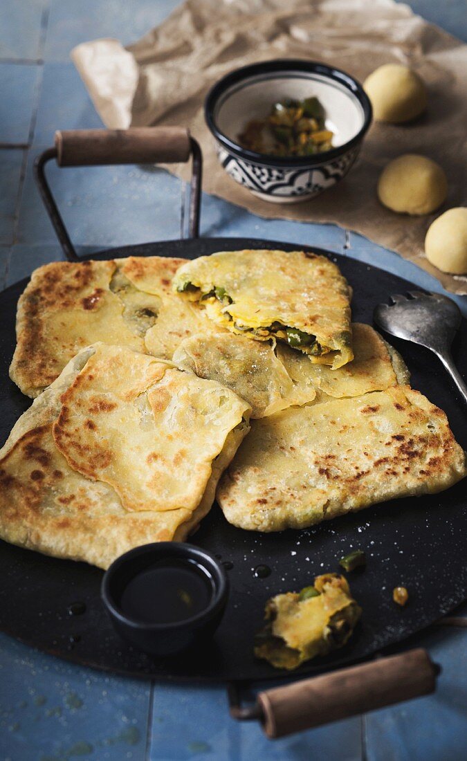Msemen, Moroccan layered pancakes stuffed with green peppers