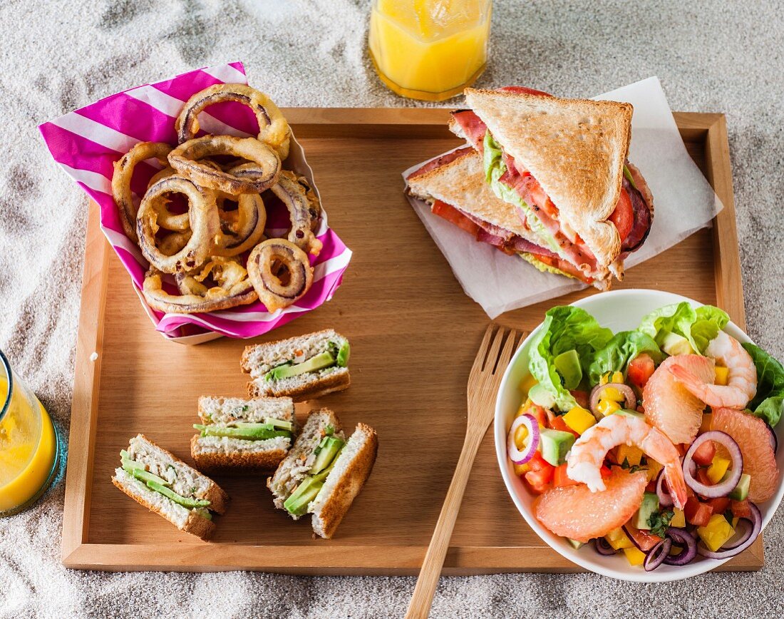 Onion rings, BLT sandwich, Miami beach salad and pieces of tuna-avocado-vegetable club-sandwich